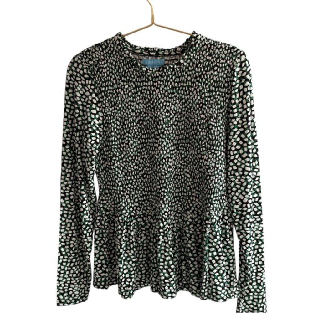 Draper James long sleeve peplum blouse in beautiful green/black/white. Med. EUC